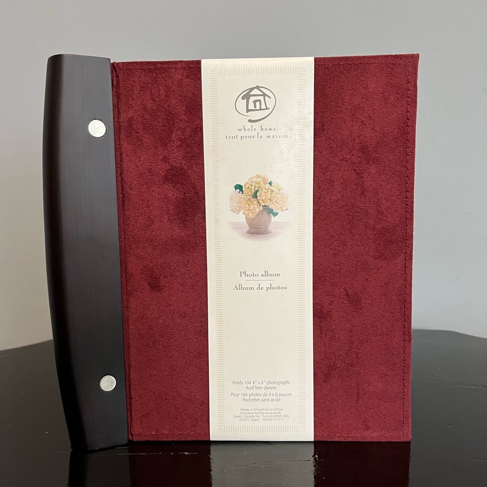 Sears Canada Burgundy Suede-like and Dark Brown Wood Photo Album
